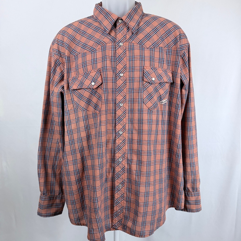 Wrancher Wrangler 2X Burnt Orange Plaid Pearl Snap Western Cowboy Rodeo Shirt